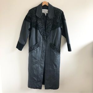 Vintage genuine leather western embroidered trench coat